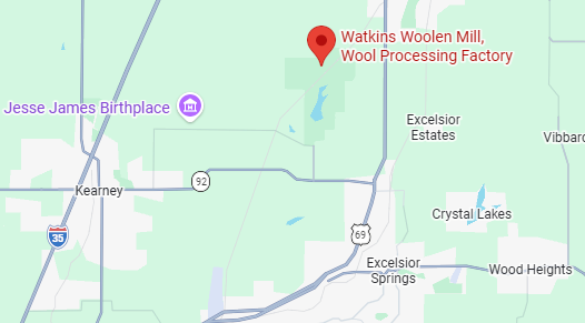 Watkins Woolen Mill is located north of Excelsior Springs, Missouri, to the west of US-69.