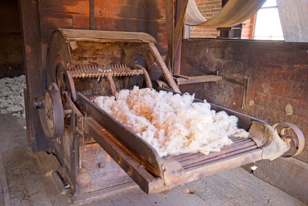 A machine with raw wool sitting on a tray feeding into rotating tines.